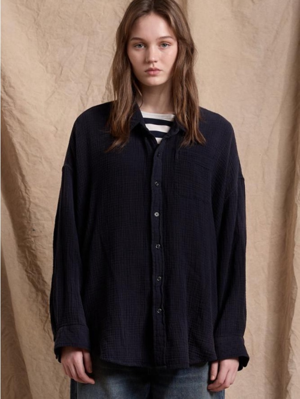 DENIMIST crinkle cotton button front shirt in navy small